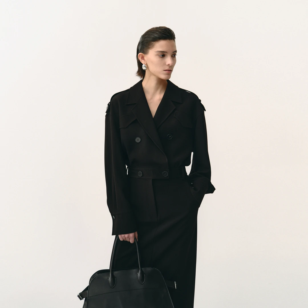 TORIL 风衣式时尚黑色通勤收腰气质连衣裙中长款女 TGD2FSW020