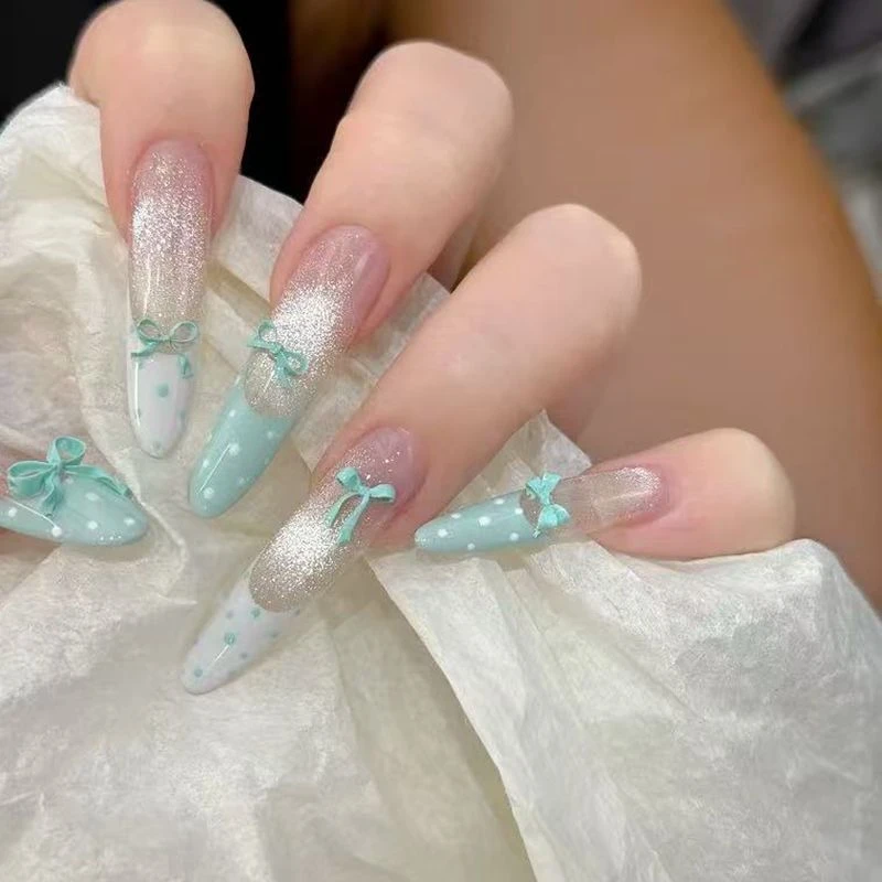 纯手工清新美甲薄荷蓝法式豹纹蝴蝶结甲2025新款穿戴甲甲片