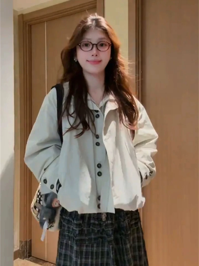 2595-新款休闲时尚百搭格子拼接短款工装外套