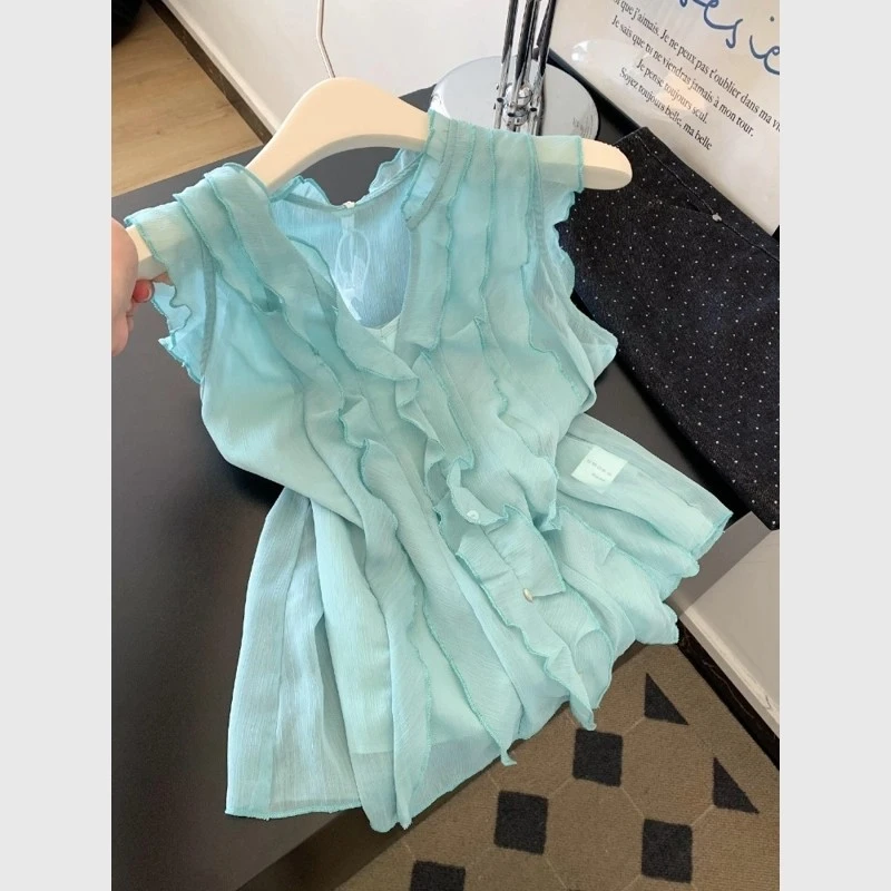 2025新款爆款薄款夏天高级感漂亮绝美气质法式小资荷叶边绿色上衣