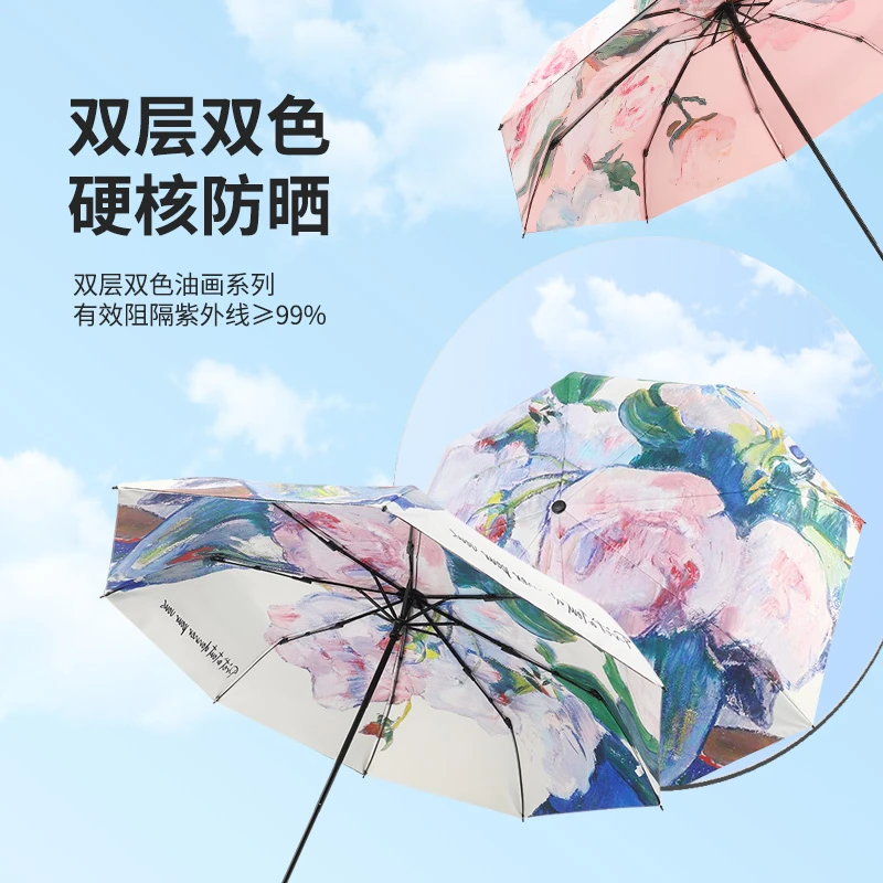 双层黑胶油画遮阳伞防晒防紫外线太阳伞小清新手动晴雨两用伞