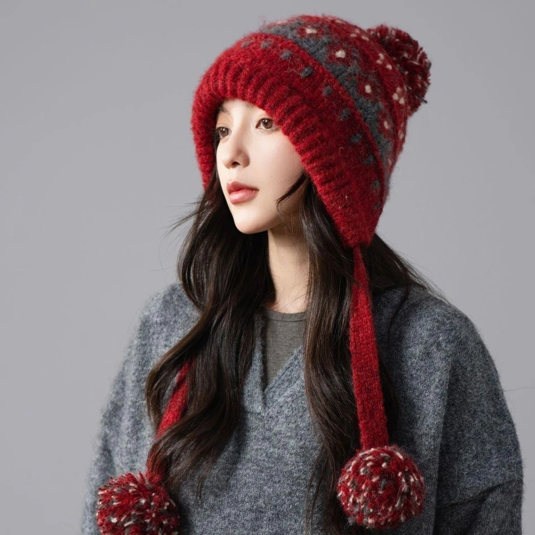 【精品】2025秋冬新款费尔岛风针织包头帽女出游护耳保暖民族风可