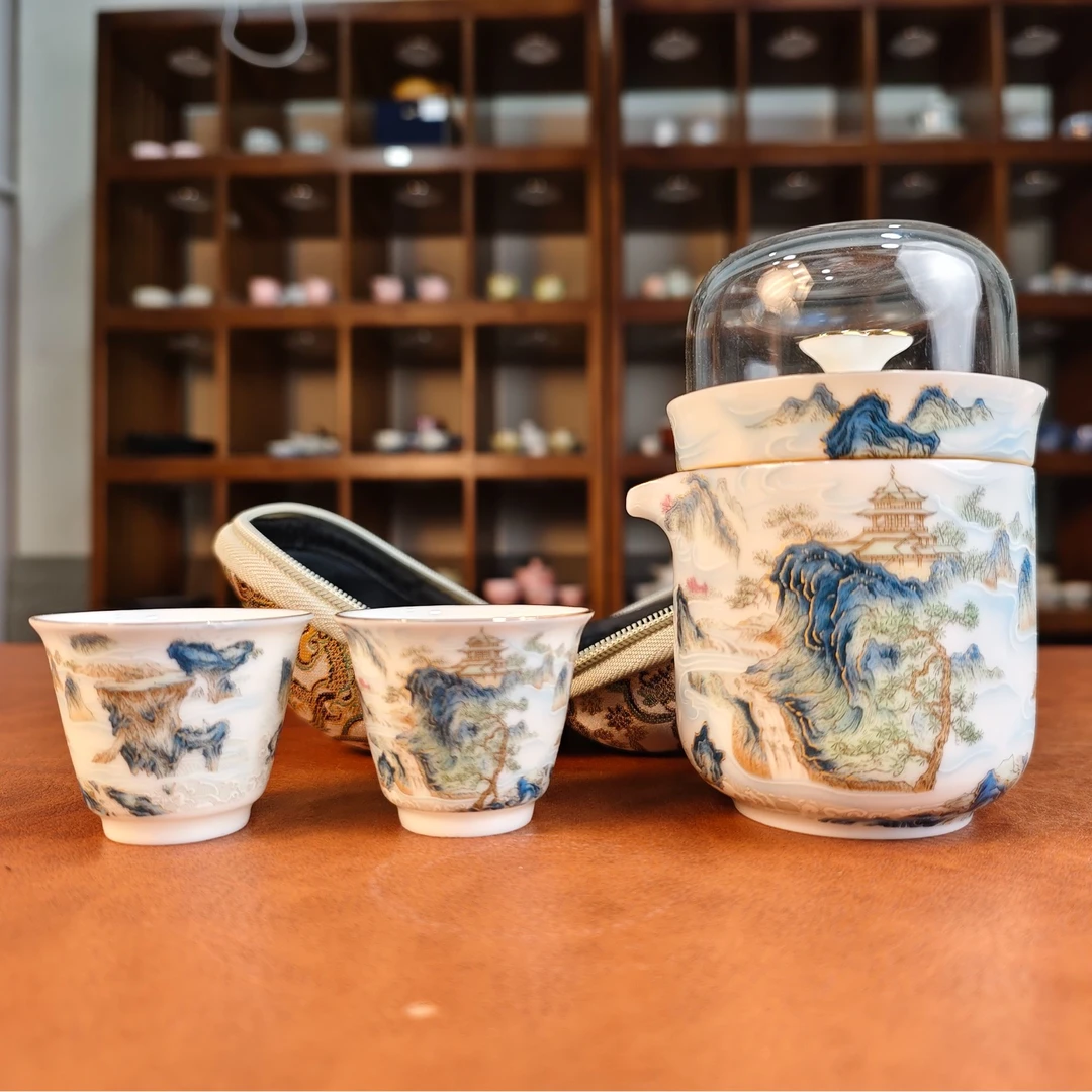 山水描金旅行茶具一壶三杯5994