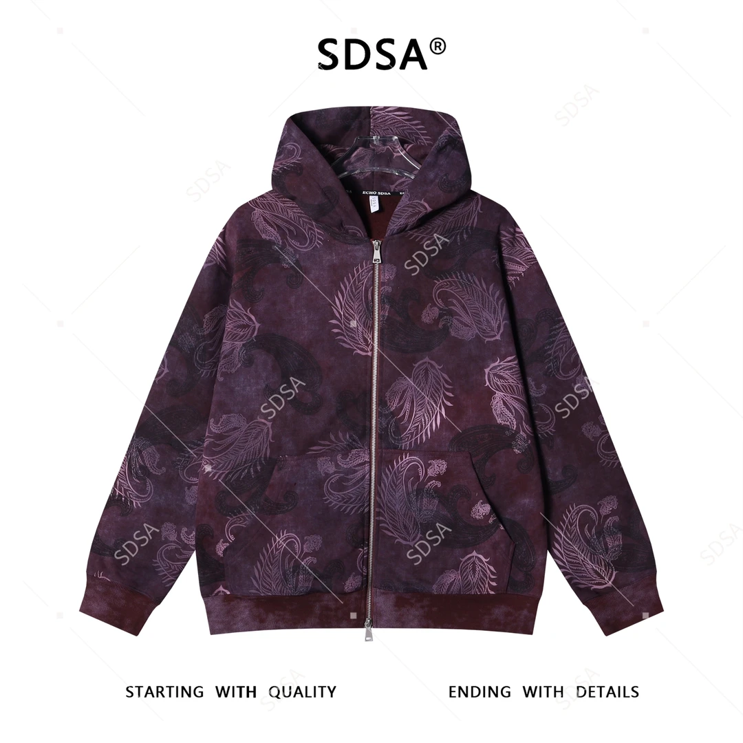 SDSA男士秋冬新款痞帅男装抽象花卉印花拉链连帽卫衣百搭开衫上衣