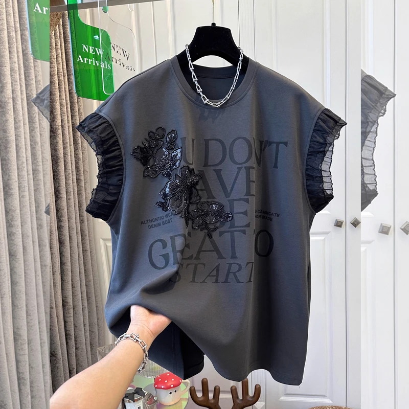 设计感刺绣立体花字母花袖显瘦大码圆领休闲气质百搭减龄女士T恤