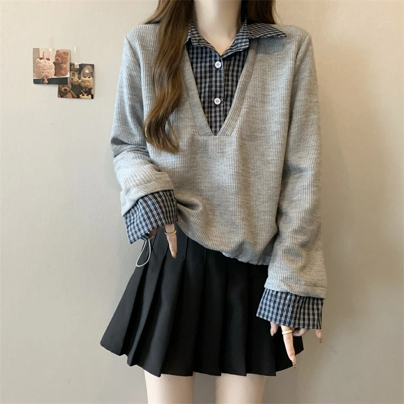 格子衬衫拼接假两件卫衣女款春秋大码胖mm显瘦遮肚正肩Polo领上衣