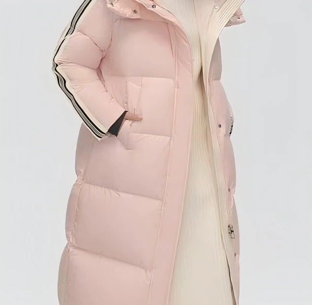 女士长款连帽羽绒服时尚条纹袖过膝200克+加厚东北御寒外套