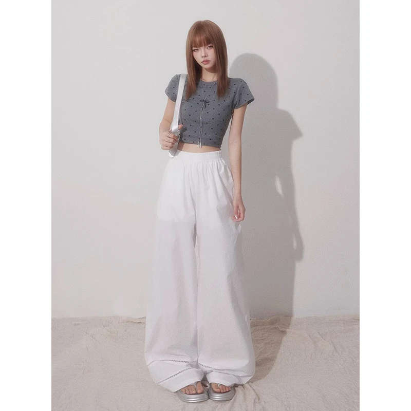 白色蕾丝拼接花边休闲裤子女2025夏季新款ins直筒宽松长裤子