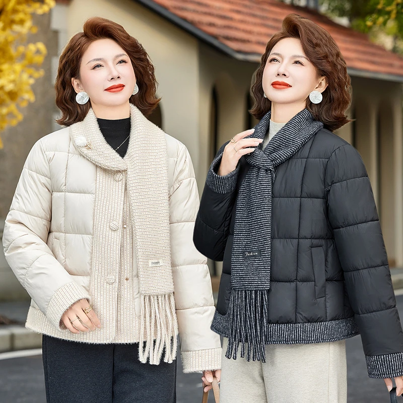 新款拼接棉服针织围巾设计时尚保暖秋冬妈妈装百搭显瘦外套