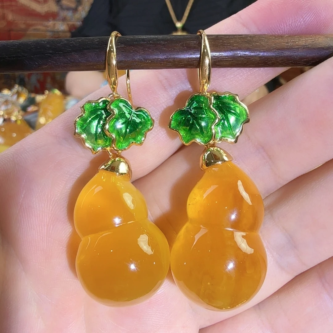 蜜蜡银S925镀金镶嵌耳环