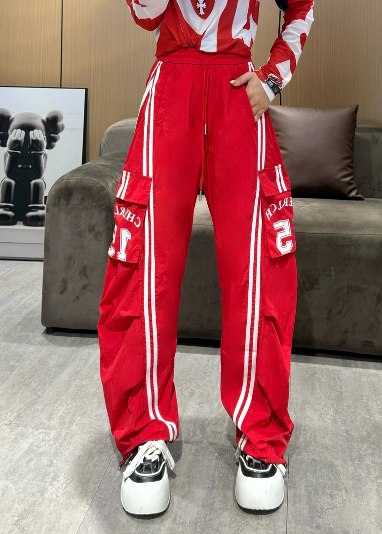 LL6632条纹拼接口袋工装裤夏季美式薄款宽松阔腿广场舞服装女款