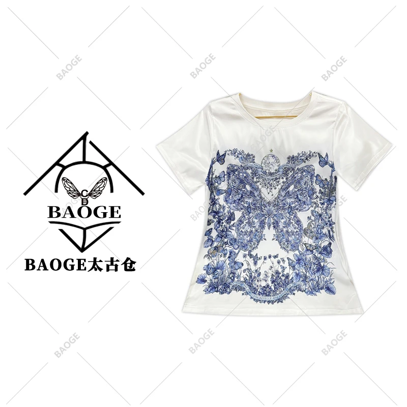 【BAOGE太古仓】‘’蝴蝶公园‘’烫钻桑蚕丝上衣 欧货轻奢印花T恤女夏