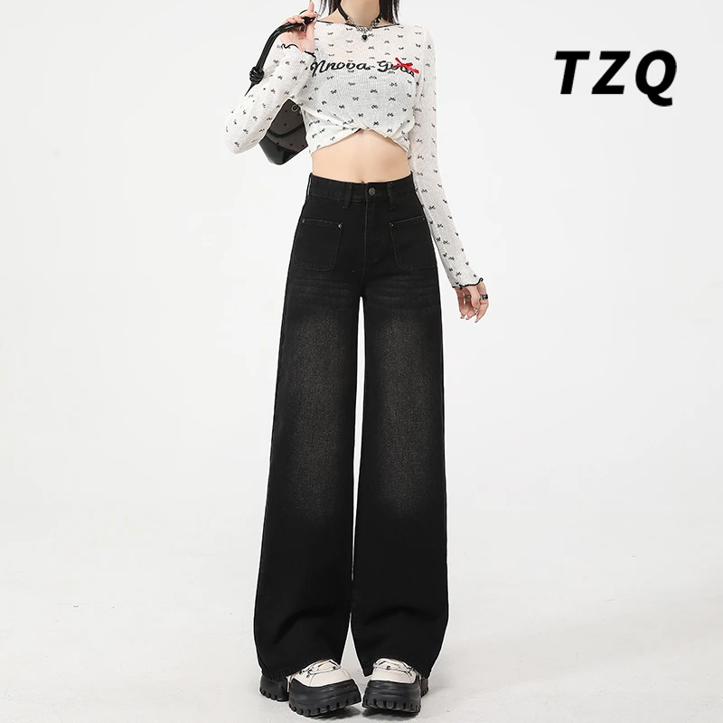 黑色新款2025夏季美式复古牛仔裤女高腰显瘦百搭直筒裤TZQ2511543