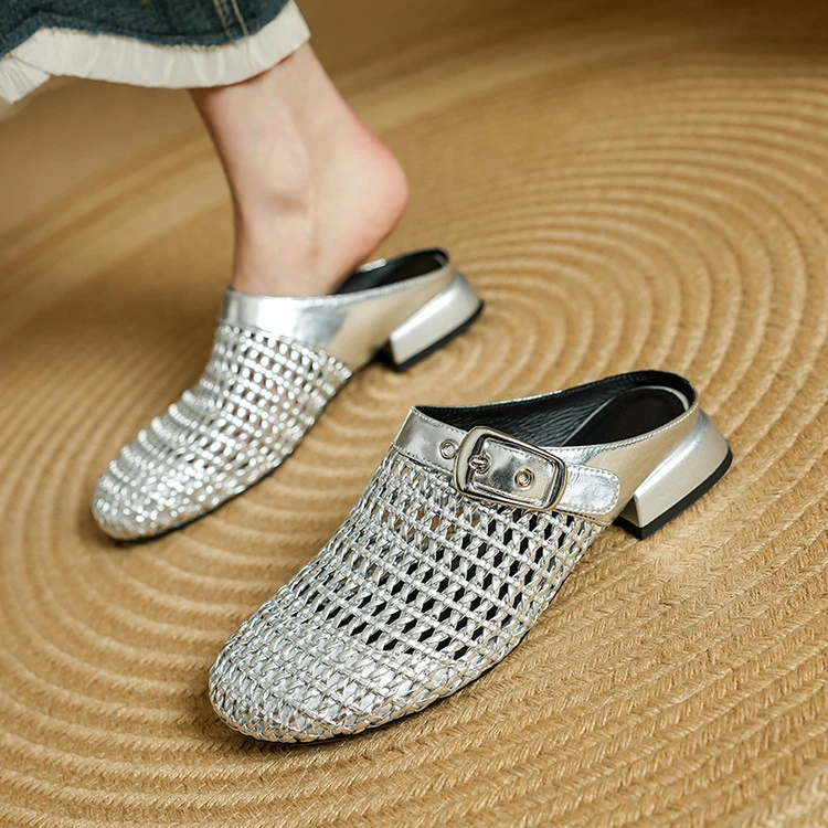 包头拖2025年夏季韩版粗跟纯色时尚休闲百搭透气软底镂空高跟尖头