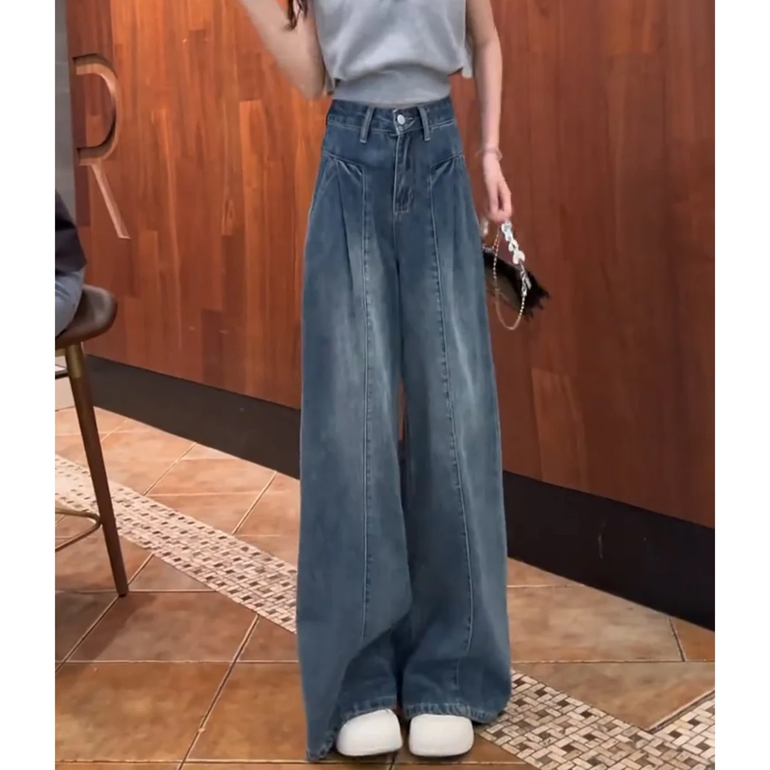 复古高腰显瘦阔腿牛仔裤女早秋新款胖MM大码慵懒风时尚直筒拖地裤