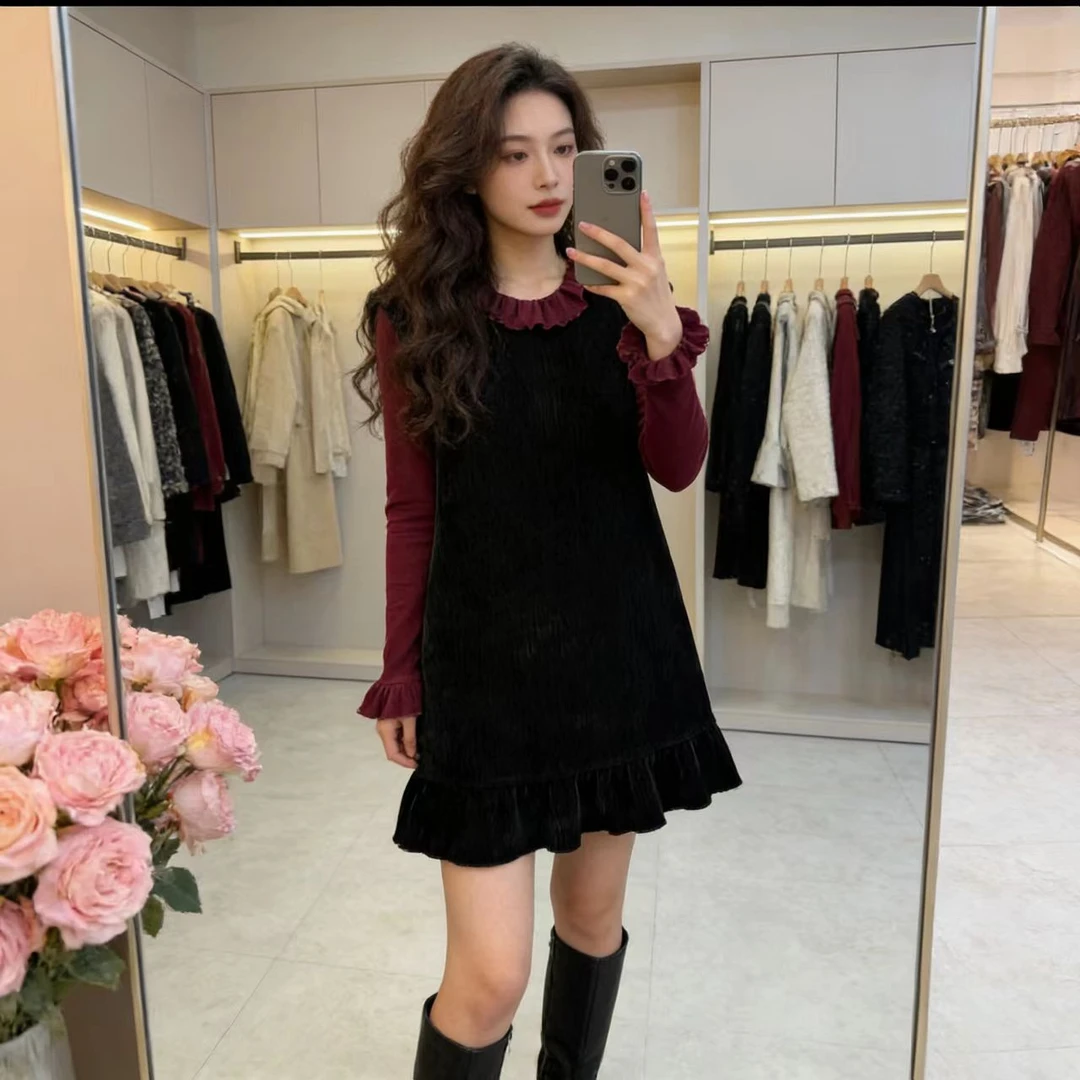 2025年秋冬季新款洋气打底衫+丝绒连衣裙两件套