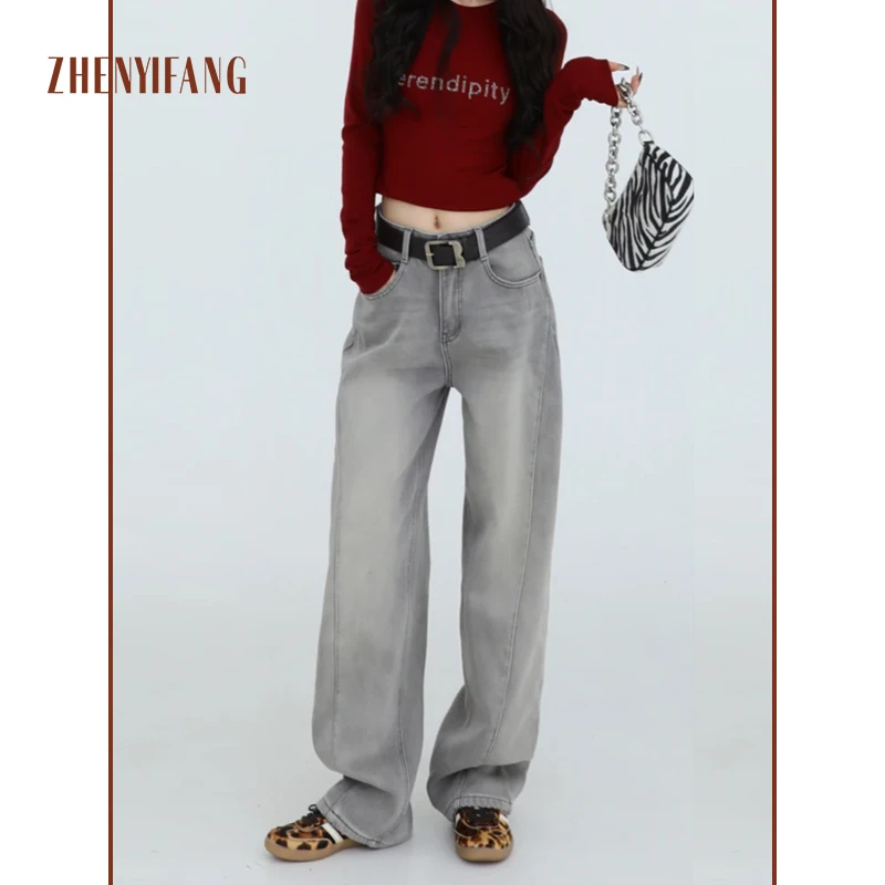 ZHENYIFANG/真衣坊灰色阔腿牛仔裤女宽松显瘦时尚简约百搭py