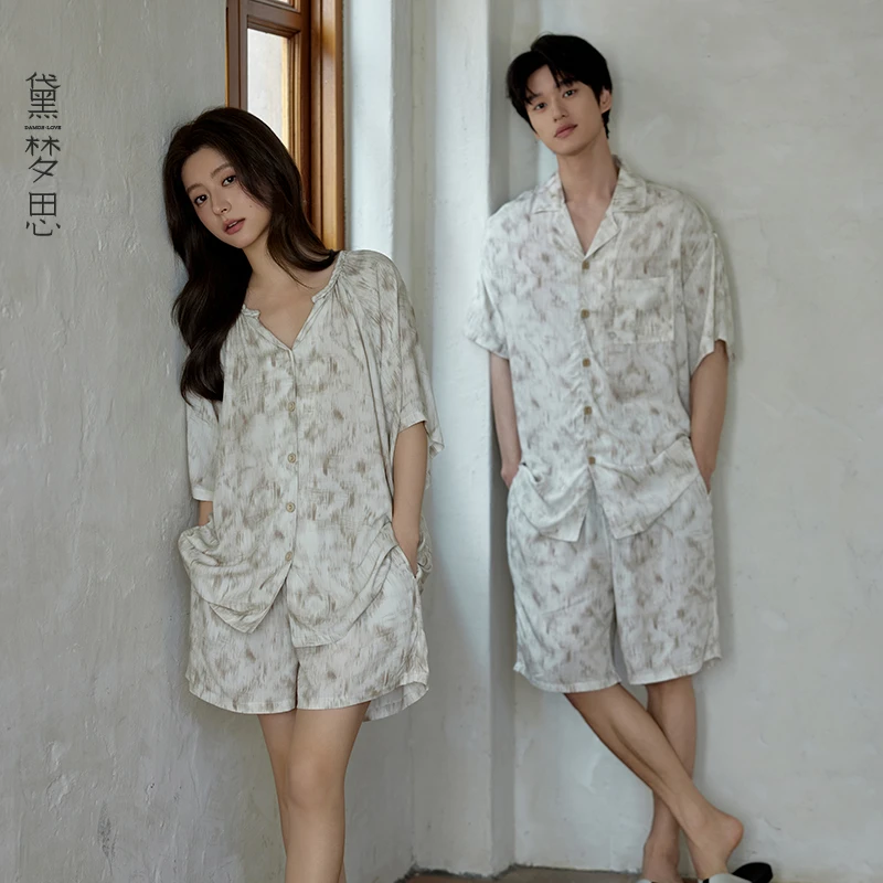 黛梦思莱赛尔情侣睡衣夏季薄款居家短袖休闲服女品牌宽松男士套装