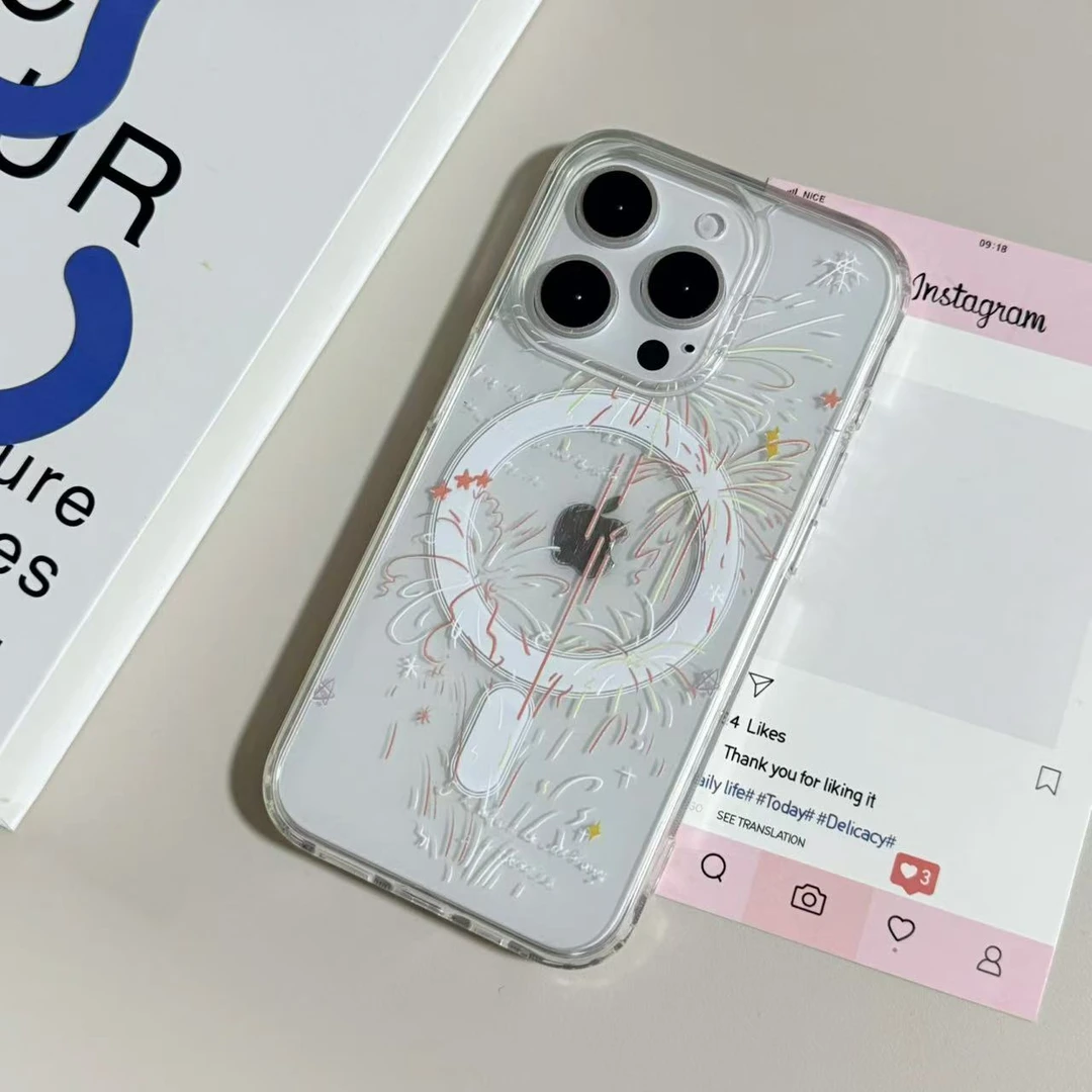【亚克力磁吸】简约渐变烟花高透手机壳适用苹果16Pro/15/14防摔