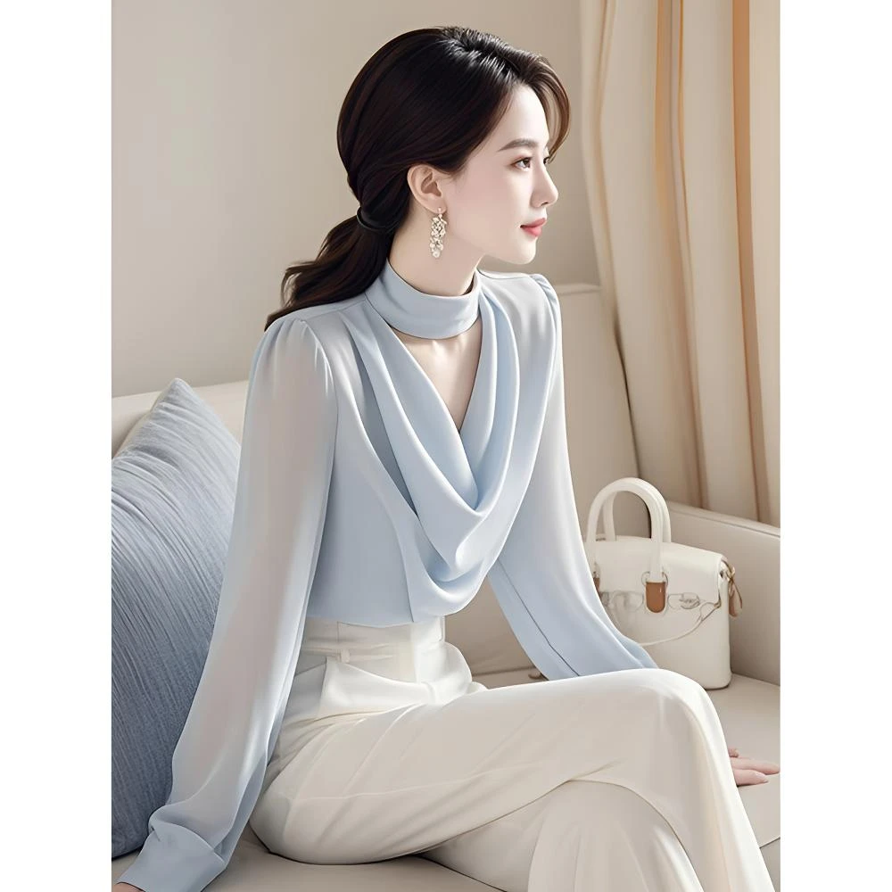 2025新款法式高级感通勤轻奢减龄洋气上衣高端蓝色长袖衬衫女