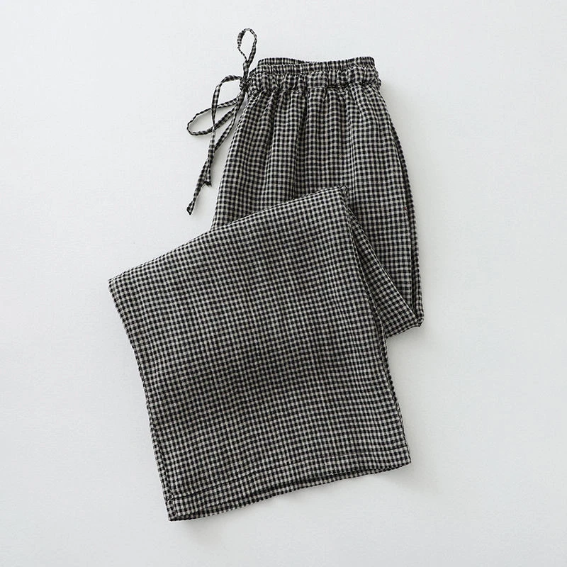 棉麻复古黑白格子九分阔腿裤女夏季宽松显瘦百搭休闲薄款直筒裤子