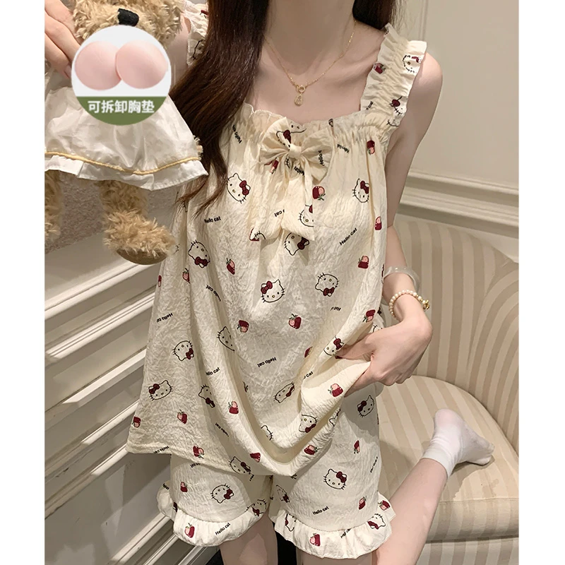 带胸垫夏季睡衣女款爆款2025新款吊带短裤hellokitty夏家居服套装