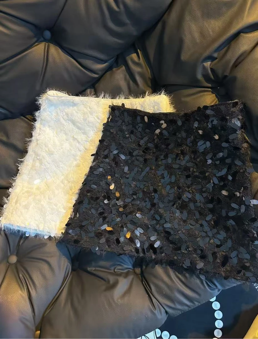 XUAN/【富家千金】高定A版气质亮片百搭粗花呢小香风黑色半身裙