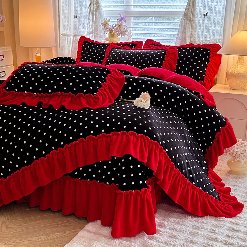 冬季加绒加厚新款法式大花边印花牛奶绒床盖款不跑床防静电四件套