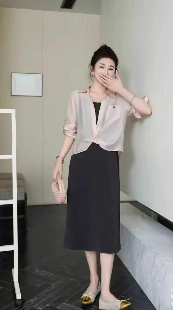 少淑时尚防晒衬衫搭配吊带连衣裙套装洋气减龄女装