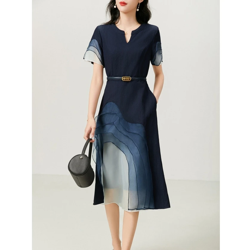 湖光水色 亚麻水墨山峦渐变不规则拼接设计感连衣裙女25夏 送腰带