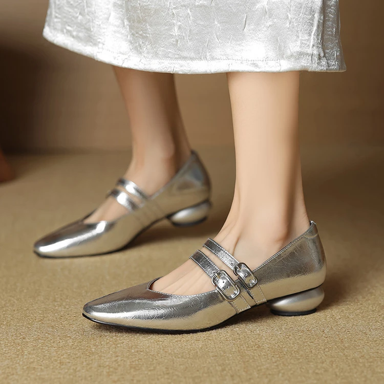 里外纯皮～牛皮3cm复古圆头低跟玛丽珍气质浅口女单鞋法式粗跟皮鞋