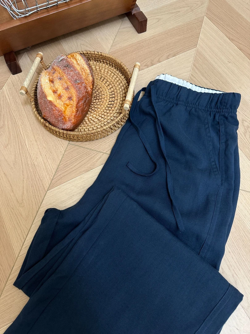 藏青色亚麻休闲裤女夏季薄款胖妹妹mm高腰宽松显瘦冰丝阔腿裤