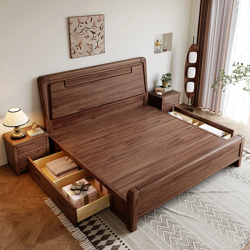胡桃木全实木床1.8米主卧双人床现代简约1.5米新中式高箱储物婚床