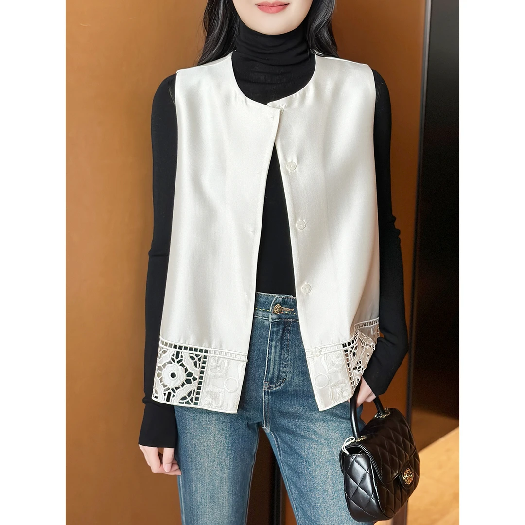 左左家 高级感中式风~32姆米重磅真丝羊毛定位镂空剌绣马甲外套女