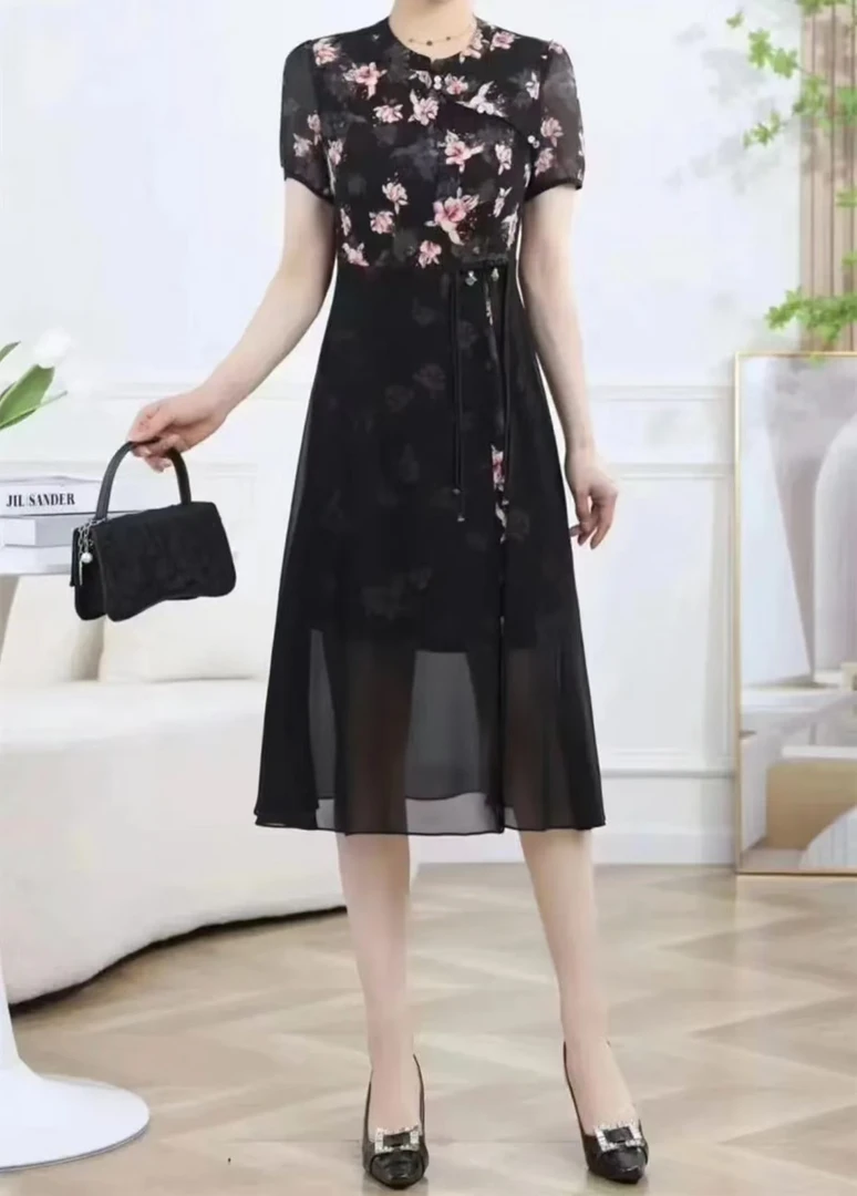 千002气质中少女风女士中长款国风A字裙连衣裙洋气显瘦夏季时尚