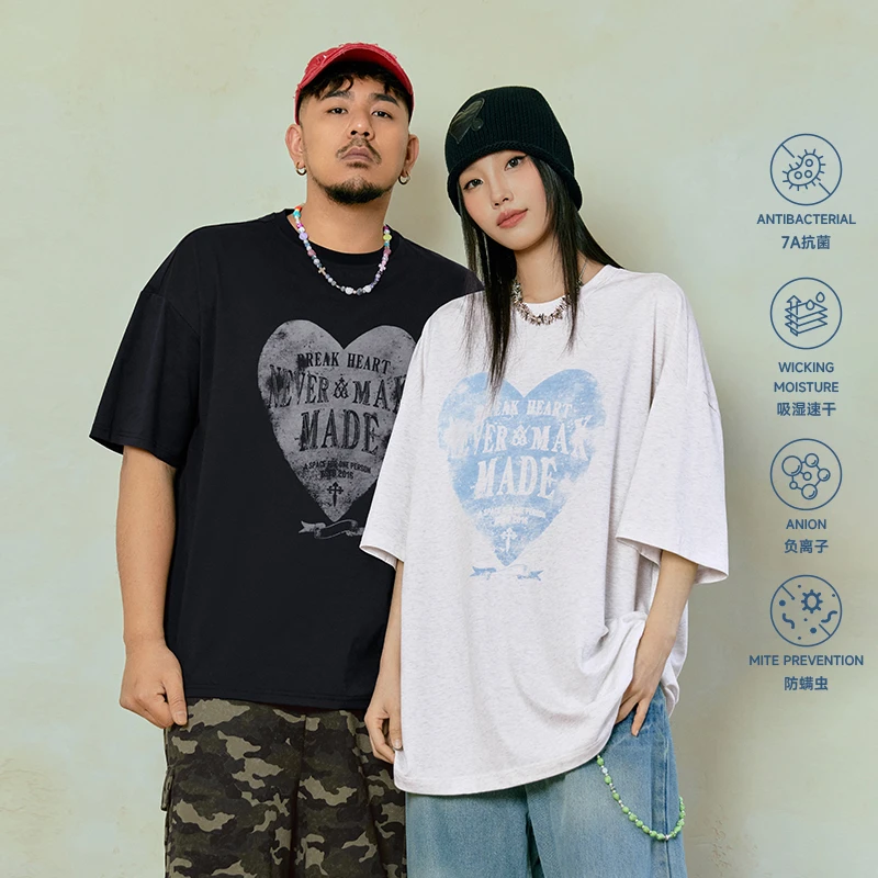 NMAX大码潮牌男装25年夏美式潮流爱心字母印花T恤情侣装FNT084