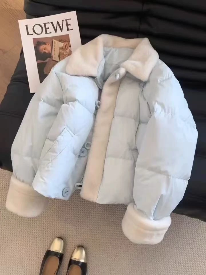 蓝色拼接甜美减龄翻领棉服女冬新款小个子短款保暖外套