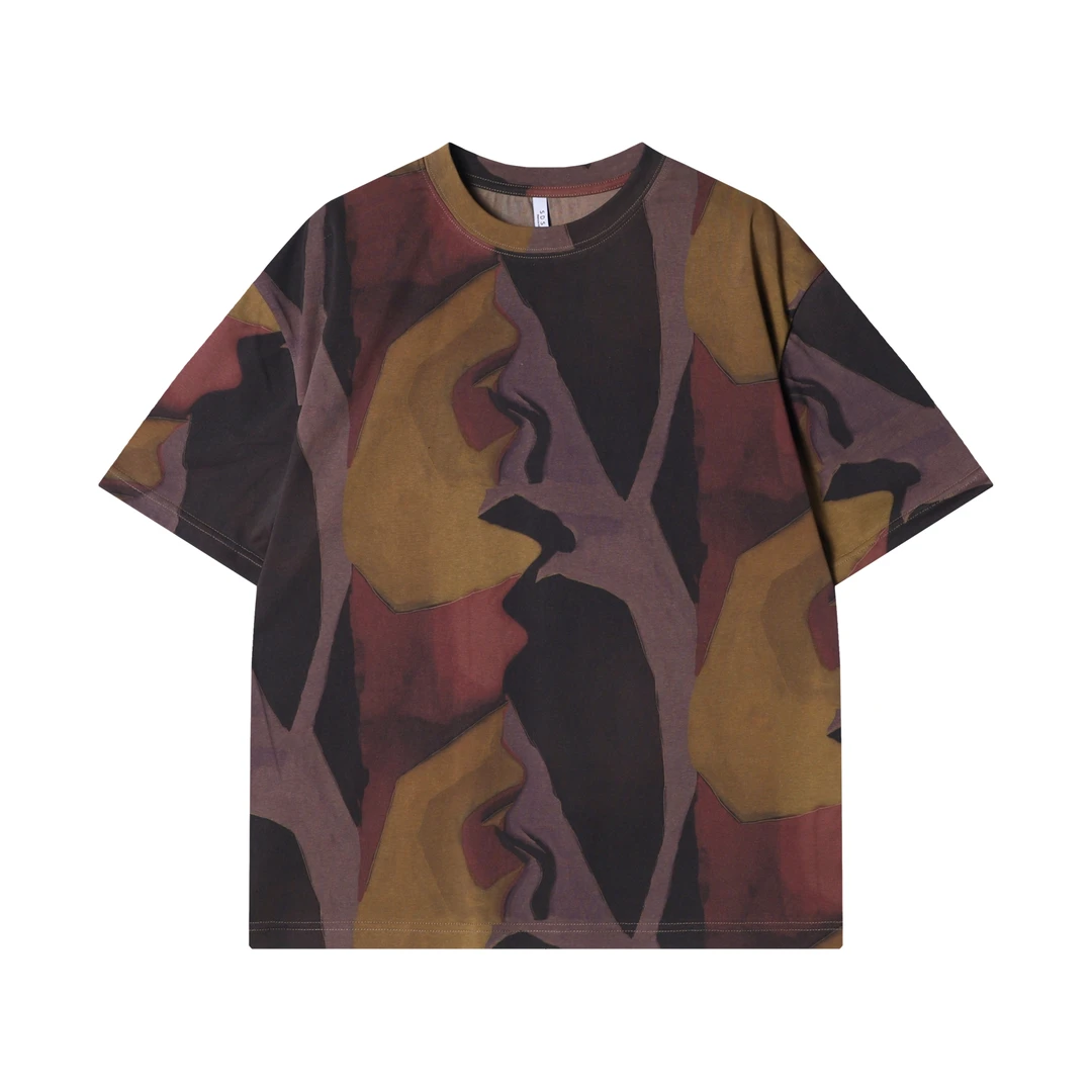 夏季新款时尚个性美式抽象撞色圆领短袖T恤小众设计高级感上衣