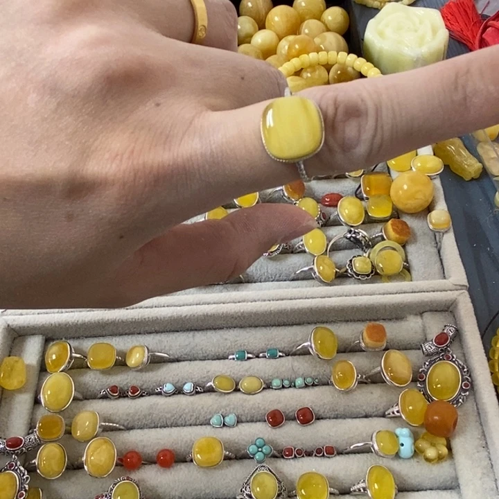 蜜蜡裸石银S925镶嵌戒指