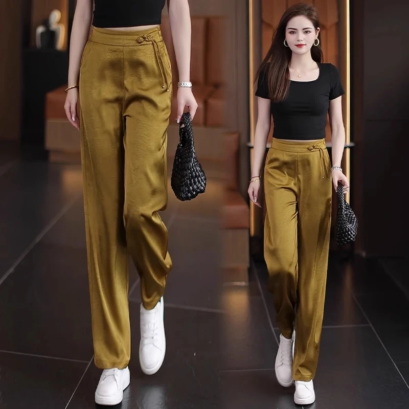 窄版冰丝阔腿裤女夏季薄款2025新款新中式国风盘扣醋酸缎面直筒裤