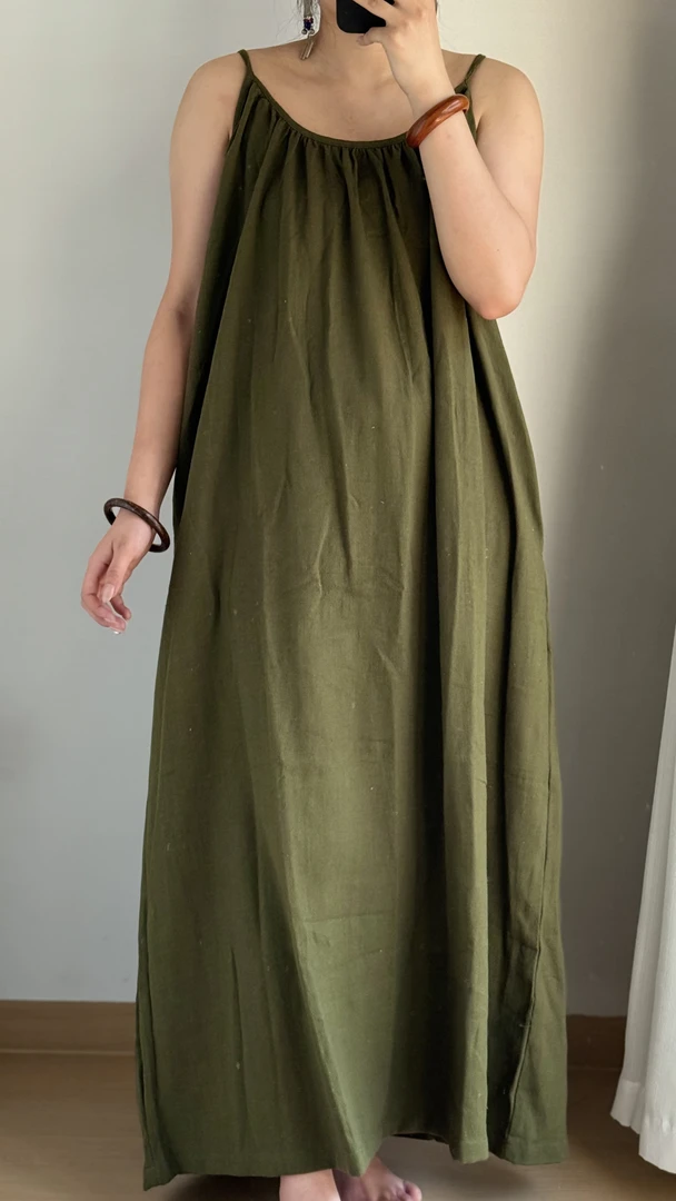 手工棉麻吊带裙扎染绿色｜