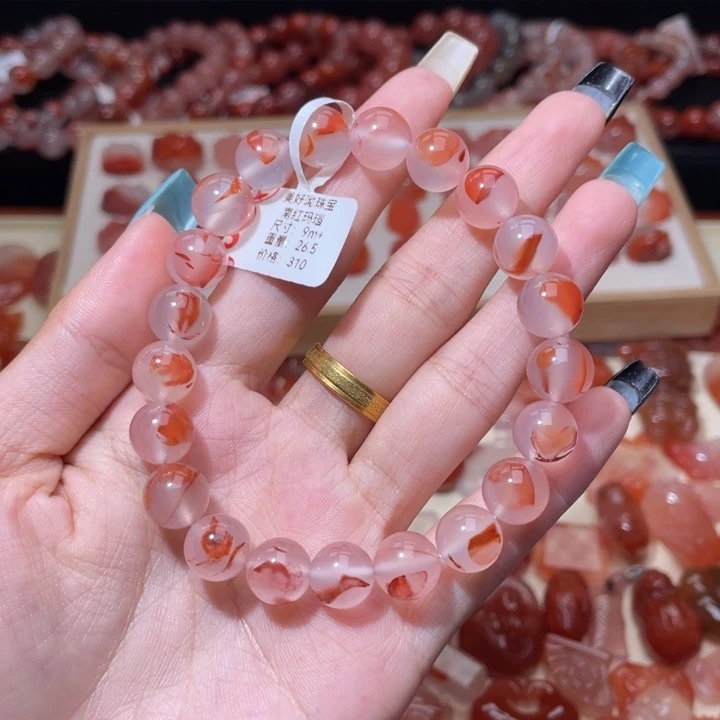 南红玛瑙冰飘花手串9m+未镶嵌1297