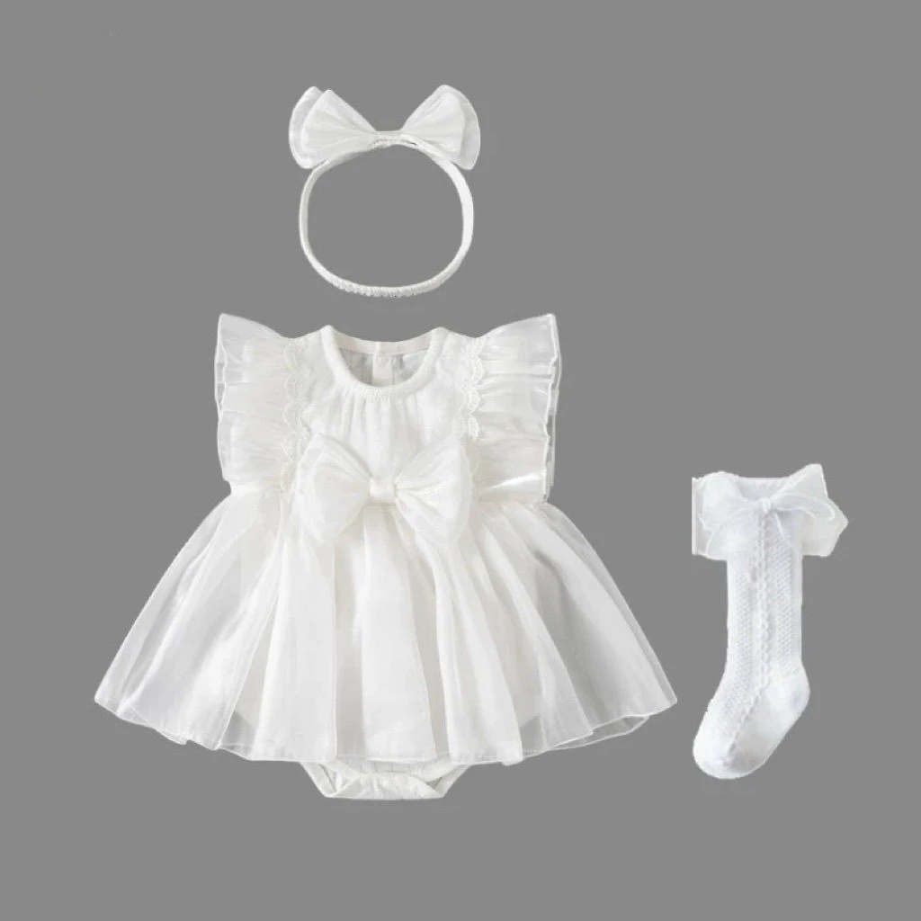 婴儿公主裙夏装轻薄甜美飞袖包屁哈衣新生女宝宝满月百天周岁礼服