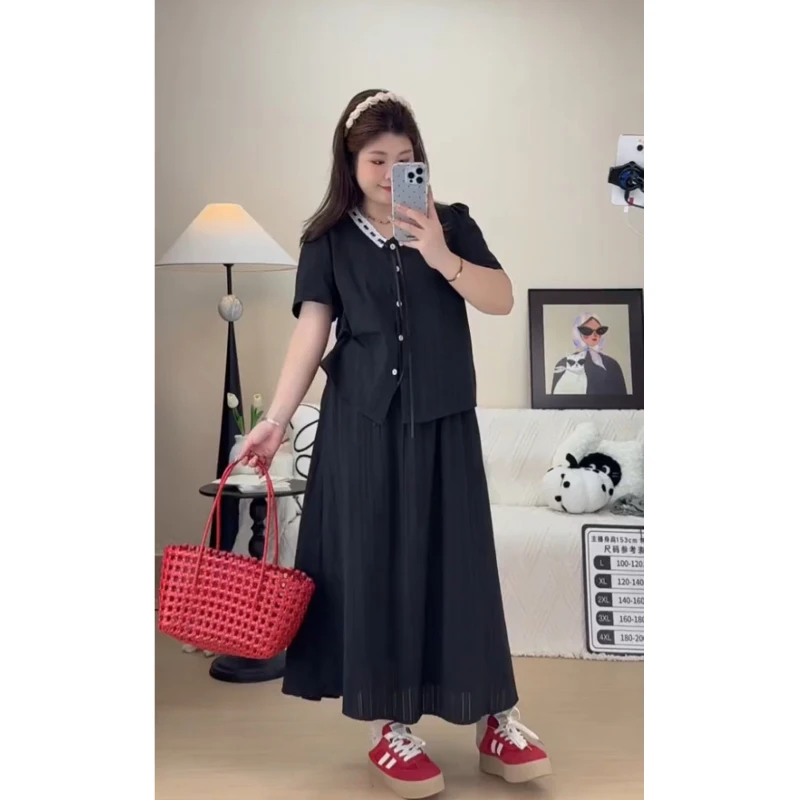 2025夏装新款夏装胖mm大码女韩系甜美立体蝴蝶结小衫半身裙套装