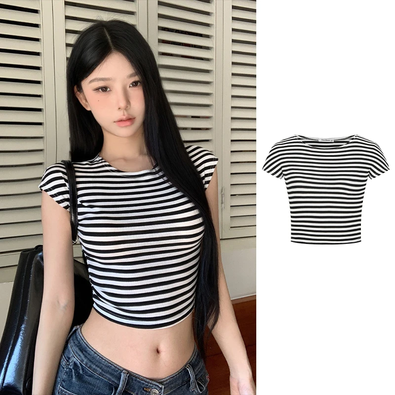 Moses Queen/魔西女王黑白条纹纯欲辣妹短款上衣修身露脐短袖T恤