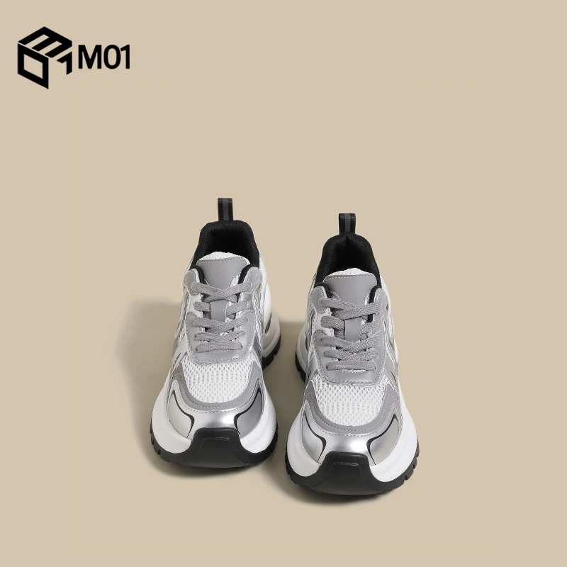 M01银色老爹鞋女2025夏新款明星同款网面透气炸街增高厚底运动鞋