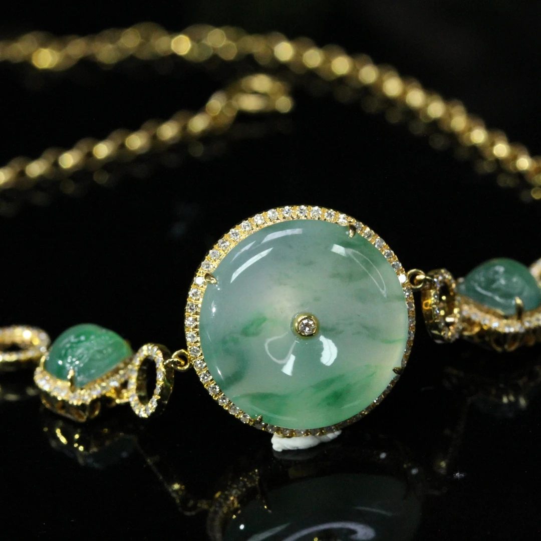 天然缅甸翡翠A货18K镶冰绿花平安喜乐手链/1228012/拍卖