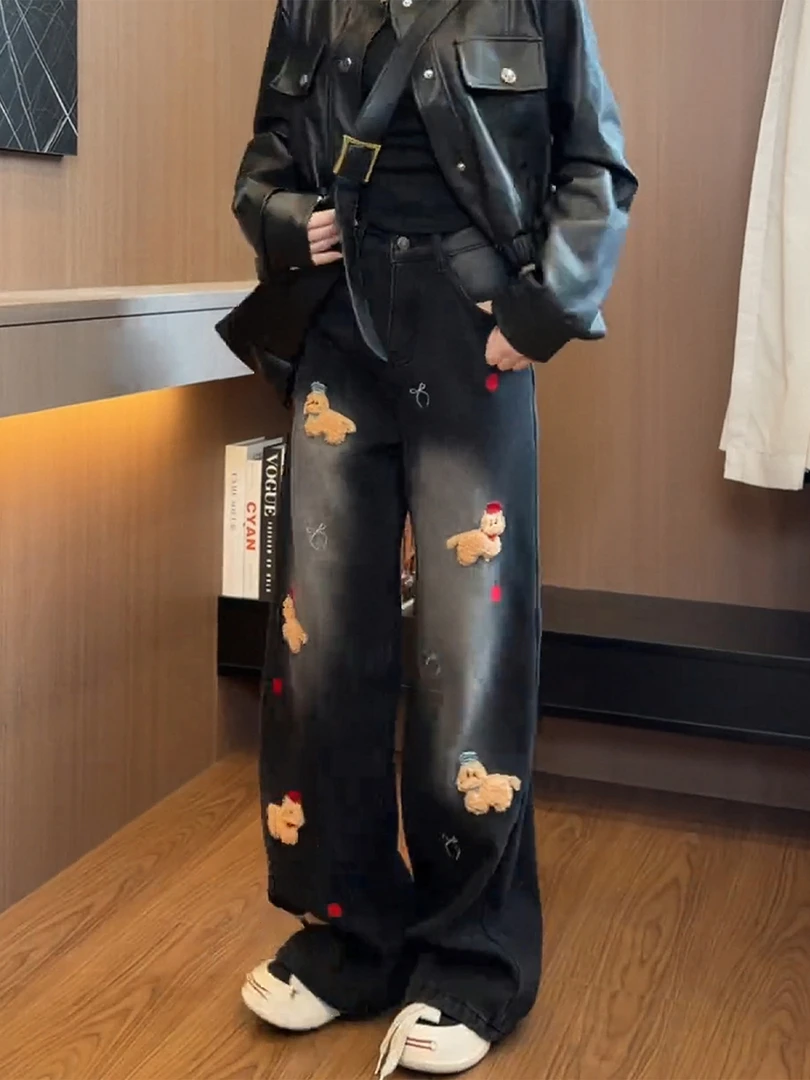 圣诞刺绣小狗牛仔裤女款加绒加厚冬季大码胖mm宽松窄版直筒阔腿裤