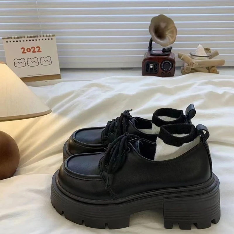 粗跟增高厚底小皮鞋女2025年春秋季新款英伦风复古百搭系带单鞋子