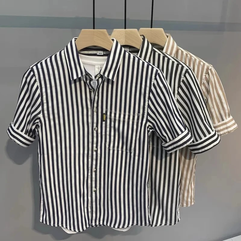 短袖条纹衬衫韩版205夏季日系清新短袖衬衫百搭半袖翻领衬衣男装